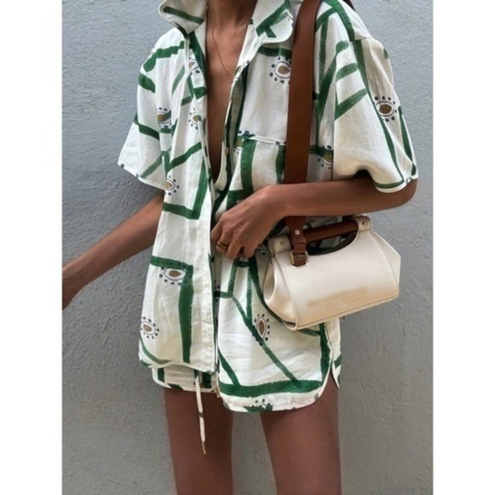 Commense Set Green Abstract Print Button Down Shirt & Drawstring Shorts M - Picture 3 of 16